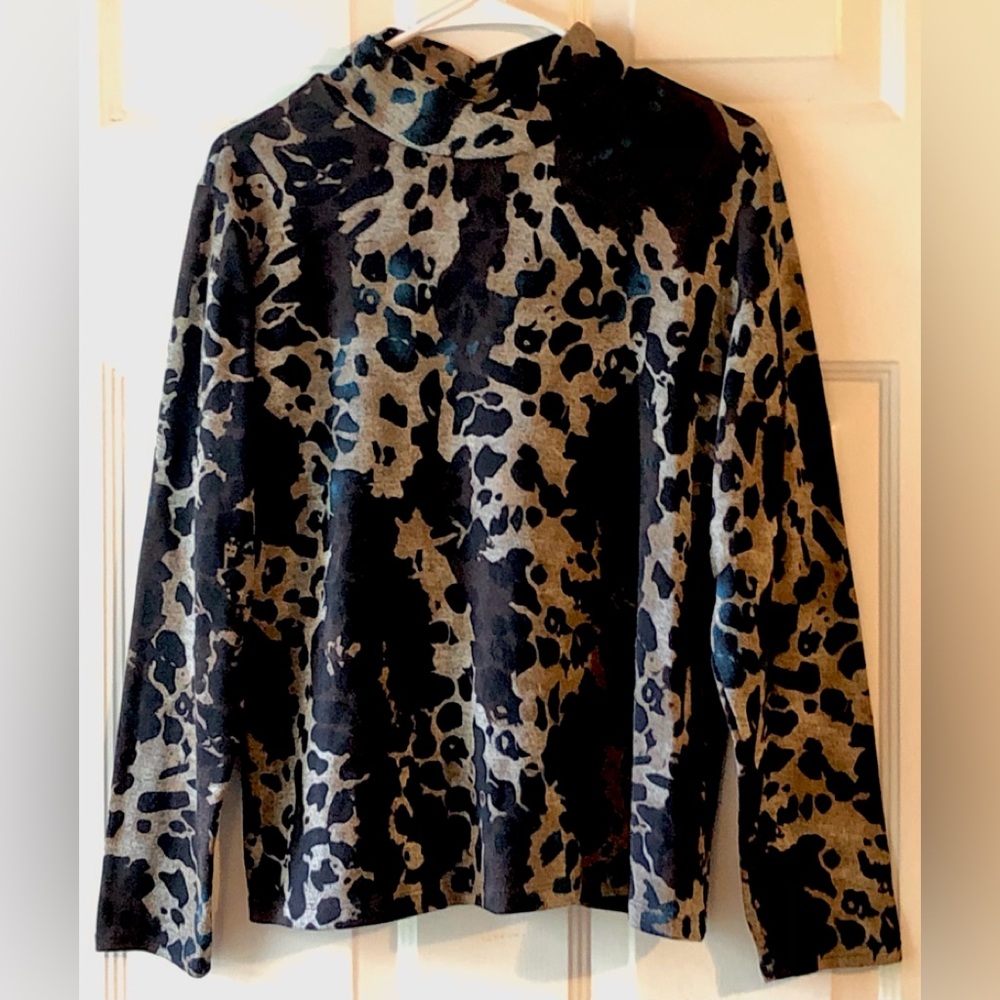 Kim Rogers Brown Taupe Teal Blue Abstract Animal Spot Ruched Collar Sweater XL